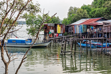 Fototapeta na wymiar Fisherman houses on wooden stilts