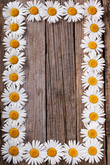 Obraz premium Background frame from flowers. Aged wood.selective focus. Copy space.