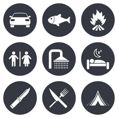Hiking travel icons. Camping, shower and toilet.
