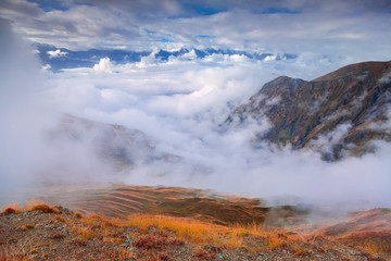 Foggy autumn morning in the Caucasus mountain.