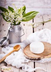 Homemade cottage cheese, selective focus