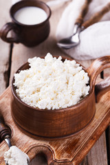 Homemade cottage cheese, selective focus