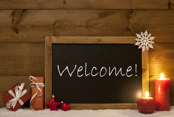 Obraz na płótnie Canvas Festive Christmas Card, Blackboard, Snow, Candles, Welcome