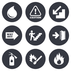 Fire safety, emergency icons. Extinguisher sign.