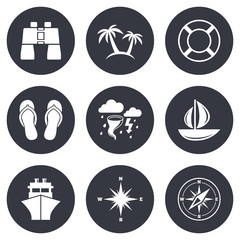 Cruise trip, ship and yacht icons. Travel signs.