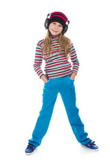 The girl in headphones dancing to the music.