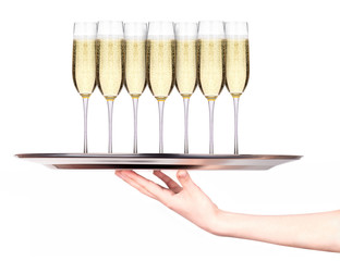 Waitress holding tray with glasses of champagne