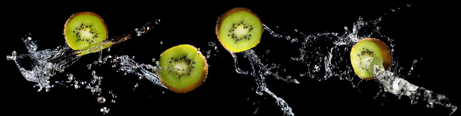 Set of kiwi slices with water splash