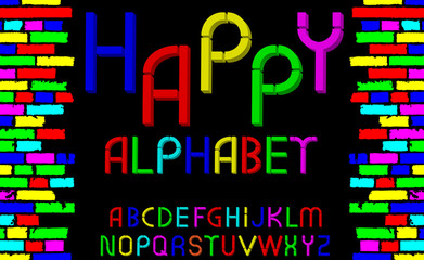 Vector tridimensional decorative multicolor font "Happy alphabet". Vector illustration