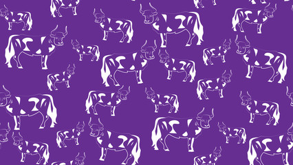 Vector seamless background of bulls. Chaotic cow on a purple background.