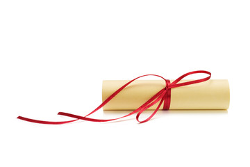 Paper Scroll with Red Ribbon Isolated on White Background