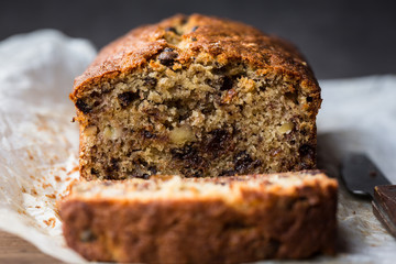 A fresh homemade loaf of banana walnut and chocolate chips bread