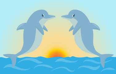 Pair of cute cartoon dolphins playing in the sunset light