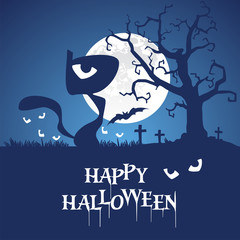 Happy Halloween black cat blue background