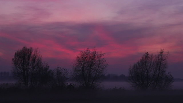 Sunset in a foggy winter landscape