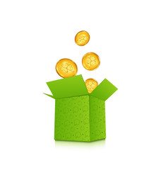 Open cardboard box with golden coins for St. Patrick's Day, isol