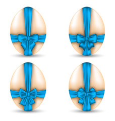 Easter set celebration eggs wrapping blue bows with shadows isol