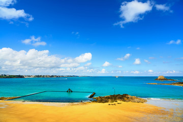 Saint Malo beach view from wall ramparts and fort. Brittany, Fra
