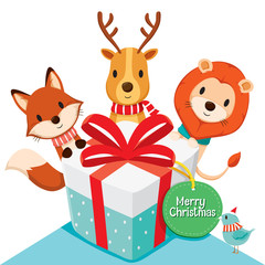 Gift box and Deer, Fox, Lion, Bird, Merry Christmas, Xmas, Happy New Year, Objects, Animals, Festive, Celebrations