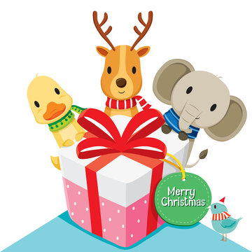 Gift box and Deer, Elephant, Duck, Bird, Merry Christmas, Xmas, Happy New Year, Objects, Animals, Festive, Celebrations