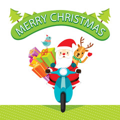 Santa Claus Riding Motorcycle With Reindeer, Merry Christmas, Xmas, Happy New Year, Objects, Animals, Festive, Celebrations