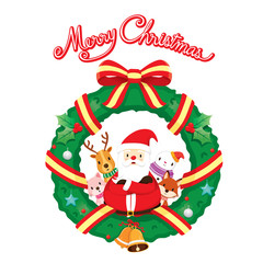 Santa Claus, Snowman And Animal With Christmas Wreath Decoration, Merry Christmas, Xmas, Happy New Year, Objects, Animals, Festive, Celebrations