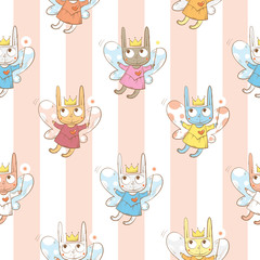 Vector seamless pattern with cute cartoon fairies hares  on a striped  background.