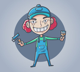 Painters in mobile brush the paint. smiling face