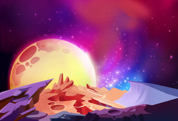 Obraz na płótnie Canvas Illustration: The Magnificent Scenery, Cosmos Wonders on a Alien Planet. Story with Fantastic Cartoon Style Scene Wallpaper Background Design.