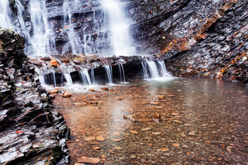 Detail of waterfall in black rocks