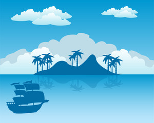 Tropical island and sailing nave