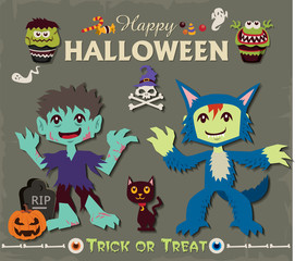 Vintage Halloween poster design set with zombie & wolf man character