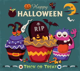 Vintage Halloween poster design set with cupcake