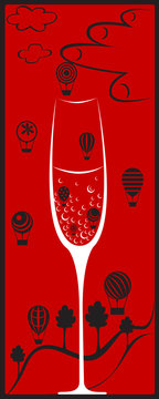 Бокал с напитком, из которого вылетают миниатюрные воздушные шары на красном фоне
