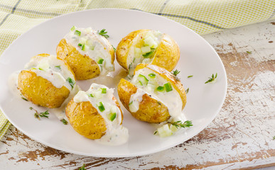 Baked potatoes on a white plate.