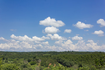 Skyline of garden view mountain and wide sunny fresh blue sky with puffy clouds for natural background