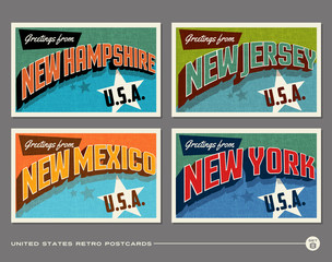 United States vintage typography postcards featuring New Hampshire, New Jersey, New Mexico, New York