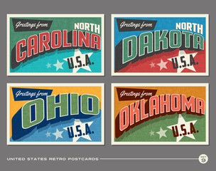 Obraz premium United States vintage typography postcards featuring North Carolina, North Dakota, Ohio, Oklahoma