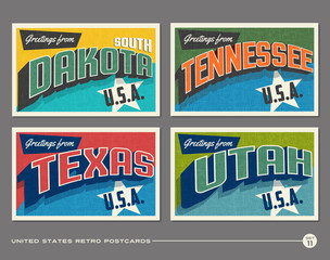 United States vintage typography postcards featuring South Dakota, Tennessee, Texas, Utah