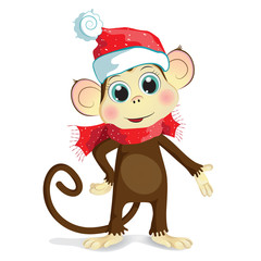 Cartoon vector illustration of cute baby monkey dressed in winter clothing, red cap and scarf.