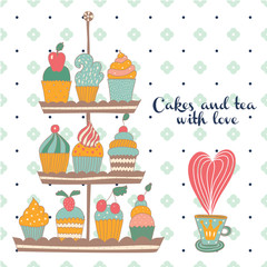 Vector illustration of a dessert buffet table with cupcakes and tea.