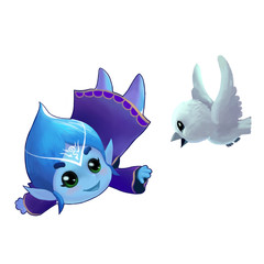Illustration: The Ice Girl, Snow Princess, flying with snow bird. Fantastic Cartoon Style Character Design.