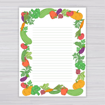 vector illustration of sheet with vegetable frame on wooden backdrop.