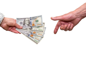 man hand give woman  hand us dollar for business.  sell and buy