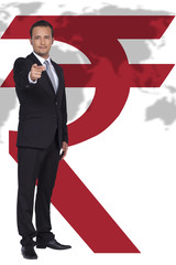 Businessman is pointing to Indian economy front of the world map