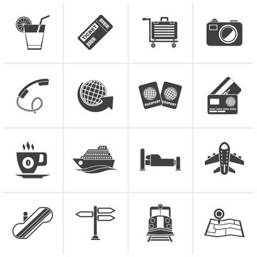 Black Travel and vacation icons - vector icon set