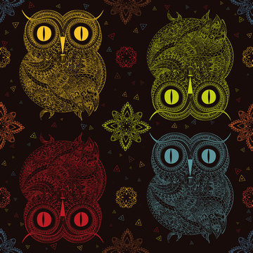 Vector illustration of owl. Bird illustrated in tribal.Owl whith