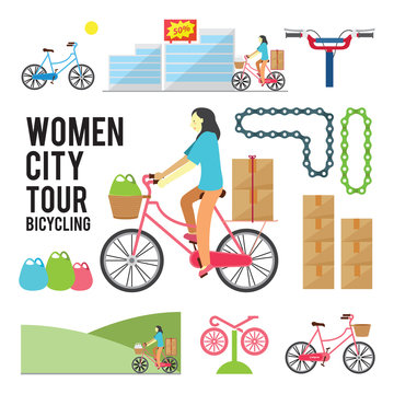 Women City Tour Bicycling illustration over color background