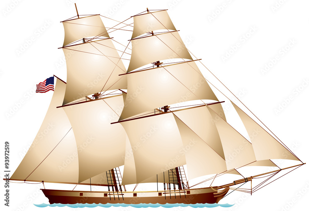 Wall mural baltimore clipper american flag sailboat realistic vector illustration