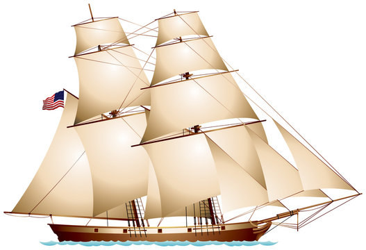 Baltimore Clipper American Flag Sailboat realistic vector illustration